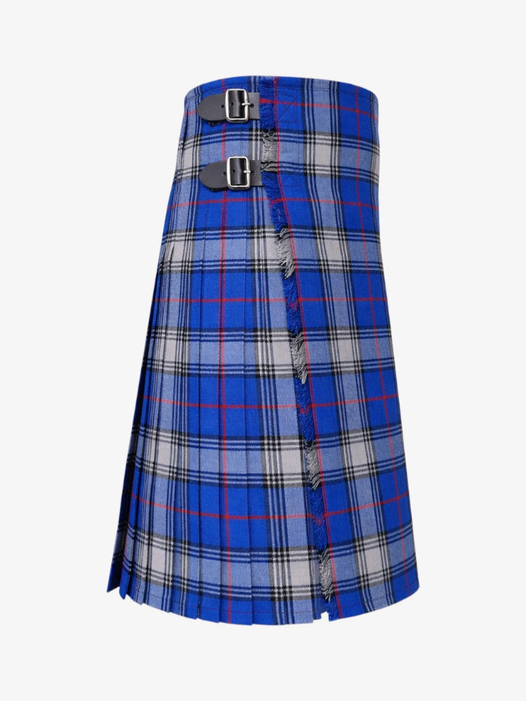 Blue plaid kilt right side with silver buckles on a white background