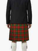 Person wearing a black coat and red plaid kilt on a white background
