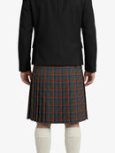 Person wearing a black jacket and plaid kilt on a white background