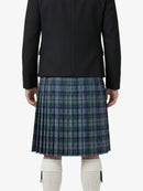 Person wearing a black jacket and plaid kilt on a white background