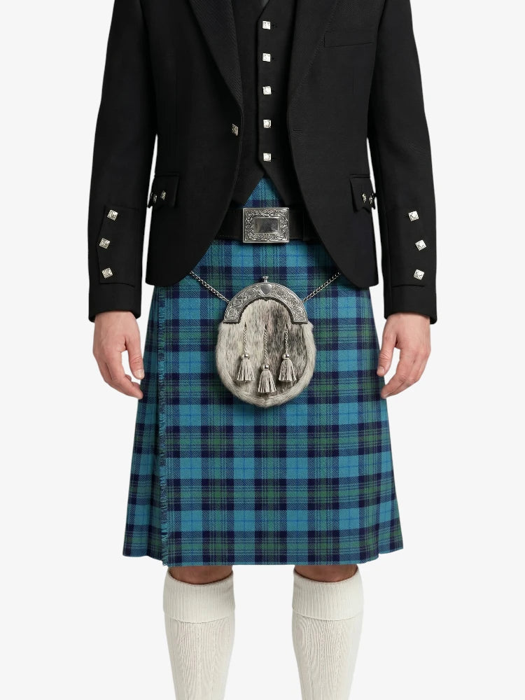 Person wearing a black jacket, blue plaid kilt, and white knee-high socks on a white background