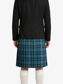 Person wearing a black jacket and blue plaid kilt on a white background