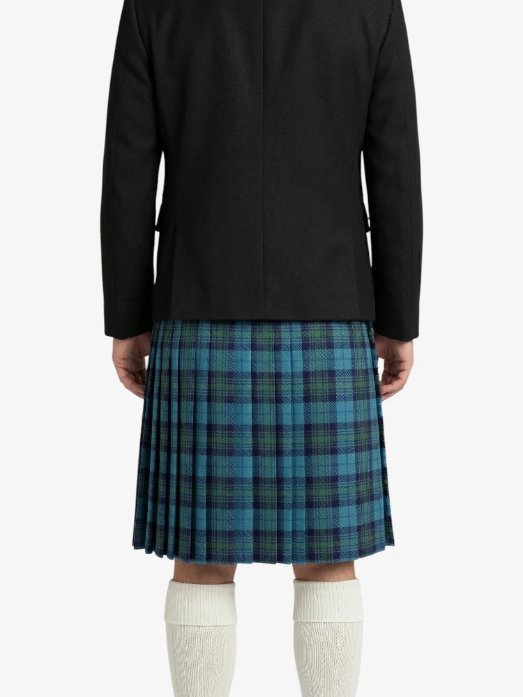 Person wearing a black jacket and blue plaid kilt on a white background