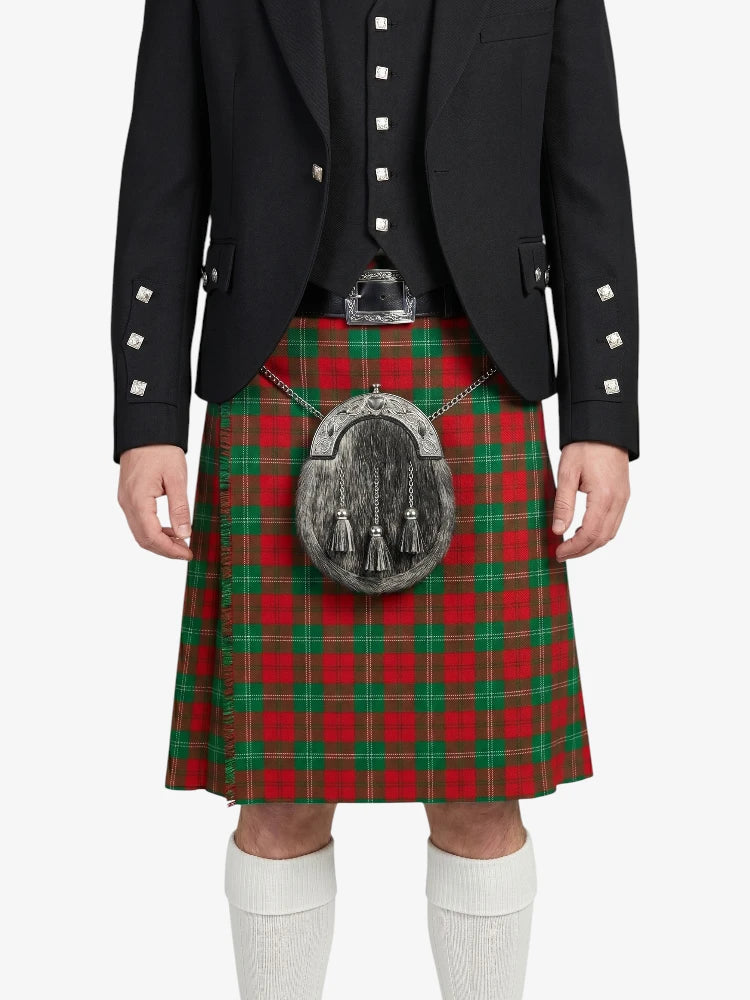 Person wearing a black jacket and red plaid kilt with a sporran on a white background
