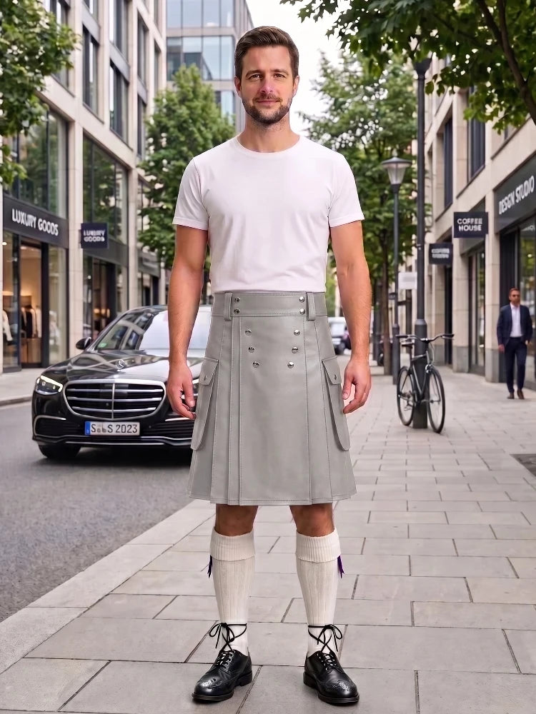 A man stands on a city sidewalk wearing a light gray pleated kilt with double-breasted buttons, a white t-shirt, white knee-high socks, and black leather shoes. A black Mercedes-Benz car and urban buildings are visible in the background.