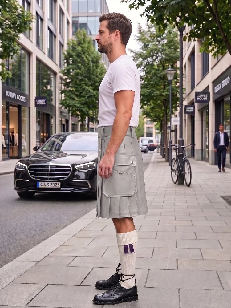 A man standing on a city sidewalk wearing a light gray pleated kilt, white t-shirt, white knee-high socks with purple accents, and black leather shoes. A black Mercedes-Benz car and urban buildings are visible in the background.