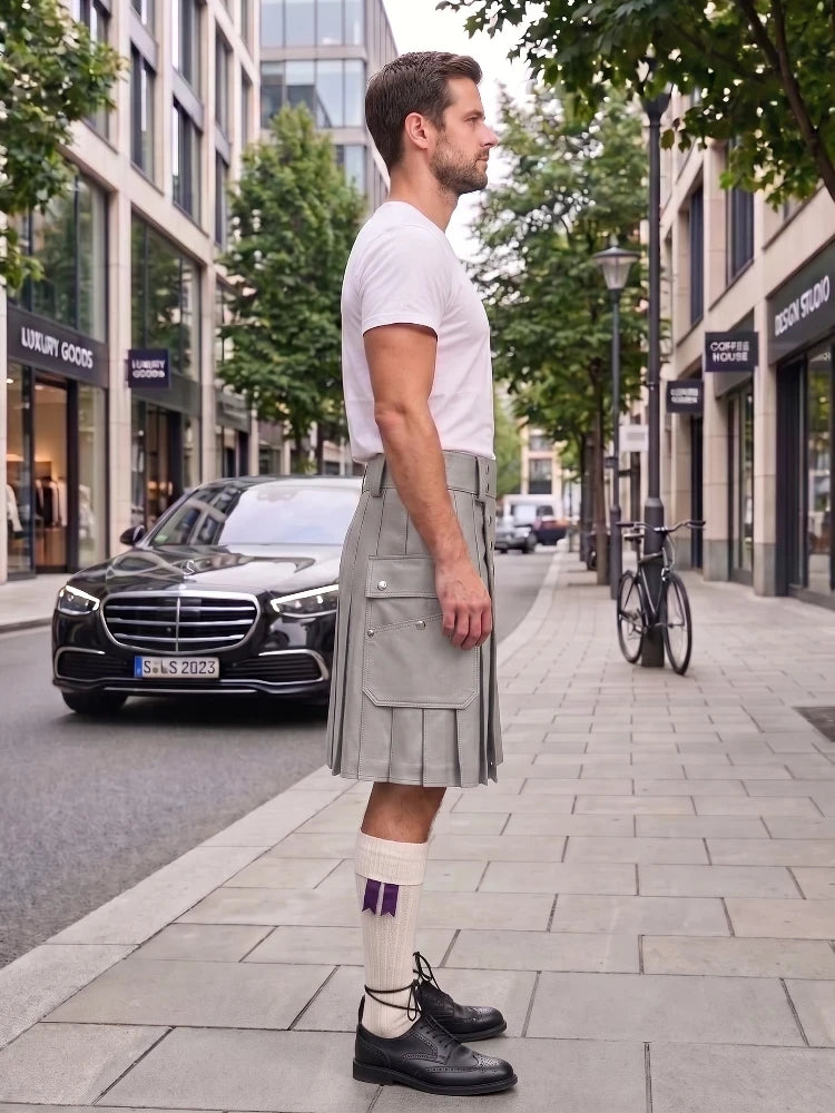 A man standing on a city sidewalk wearing a light gray pleated kilt, white t-shirt, white socks with purple stripes, and black leather shoes. A black Mercedes-Benz car is parked on the street behind him.