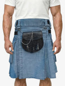 Blue kilt with black pouch and chain worn by a person on a white background