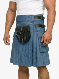Blue denim kilt worn by a person on a white background