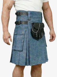 Person wearing a blue kilt with a belt and pouch on a white background
