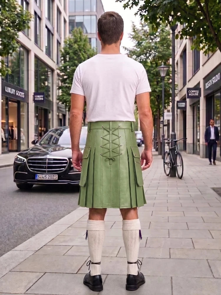 A man viewed from behind wearing a light green leather kilt with lace-up back detailing, a white t-shirt, white knee-high socks, and black shoes, standing on a city sidewalk.