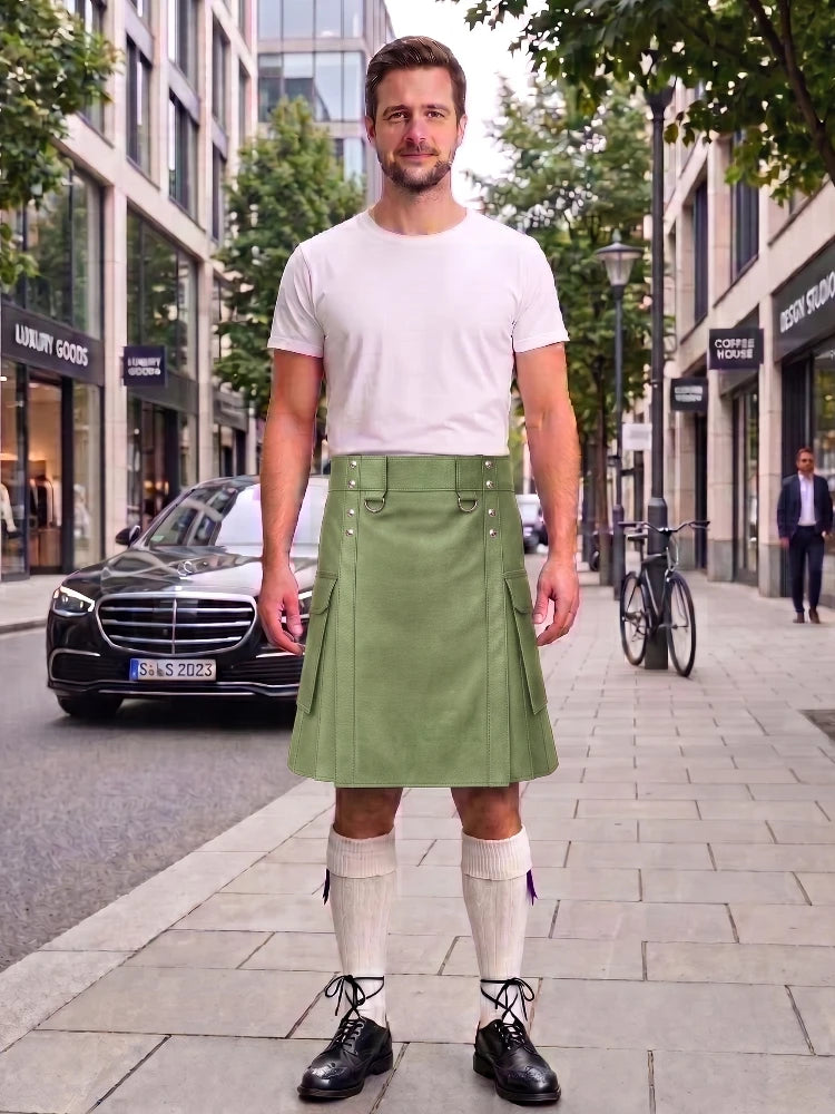 Light Green Leather Kilt For Men Tactical Utility Kilts