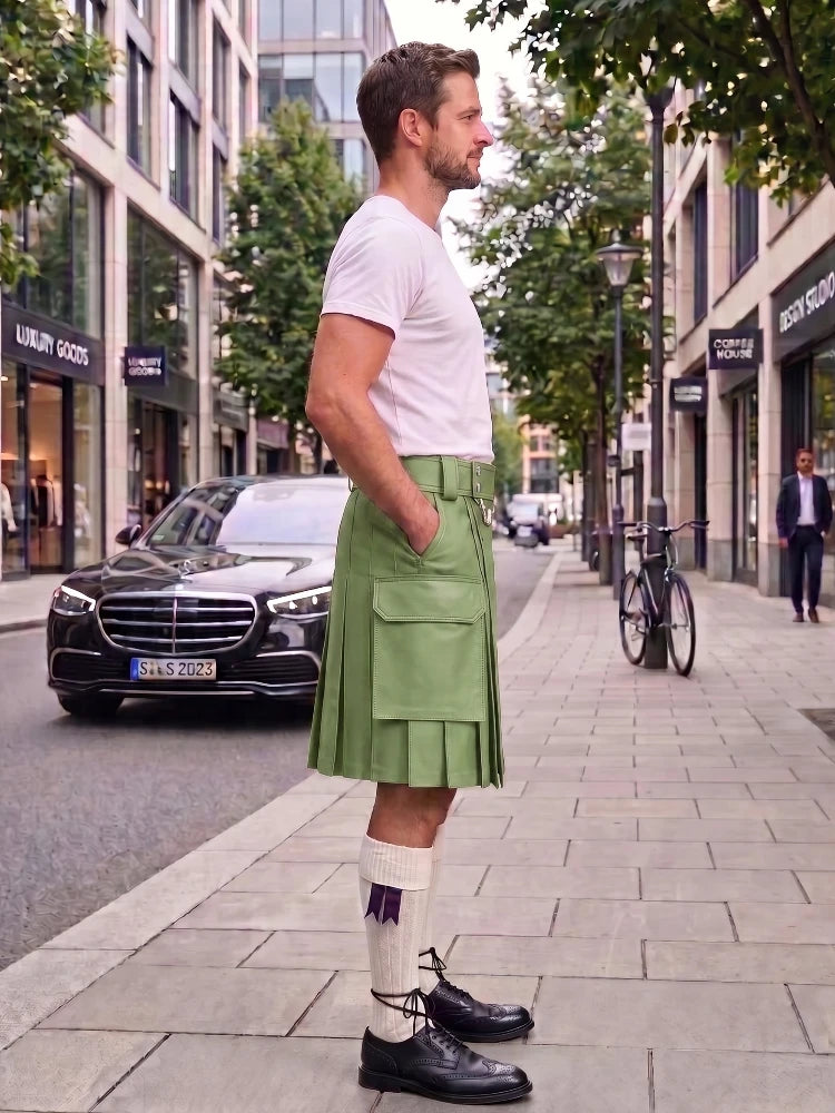 A man standing on a city sidewalk wearing a light green pleated kilt, white t-shirt, white socks, and black leather shoes, with a street scene in the background.