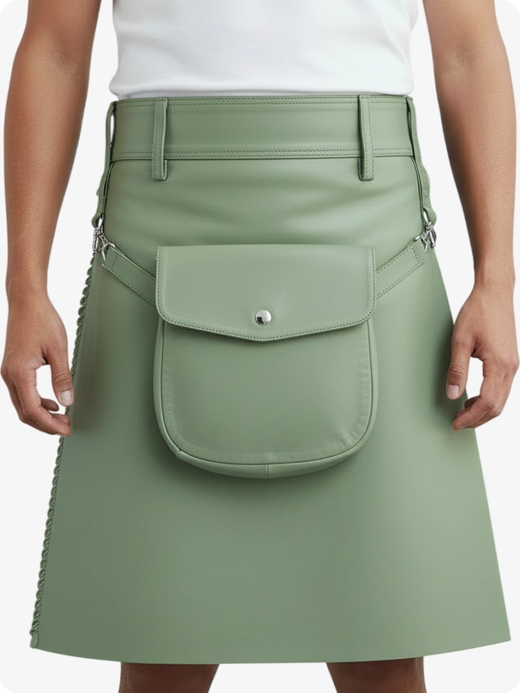 Light Green Leather Pleated Kilt with Belt Loops & Side Straps
