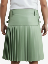 Light Green Leather Pleated Kilt with Belt Loops & Side Straps