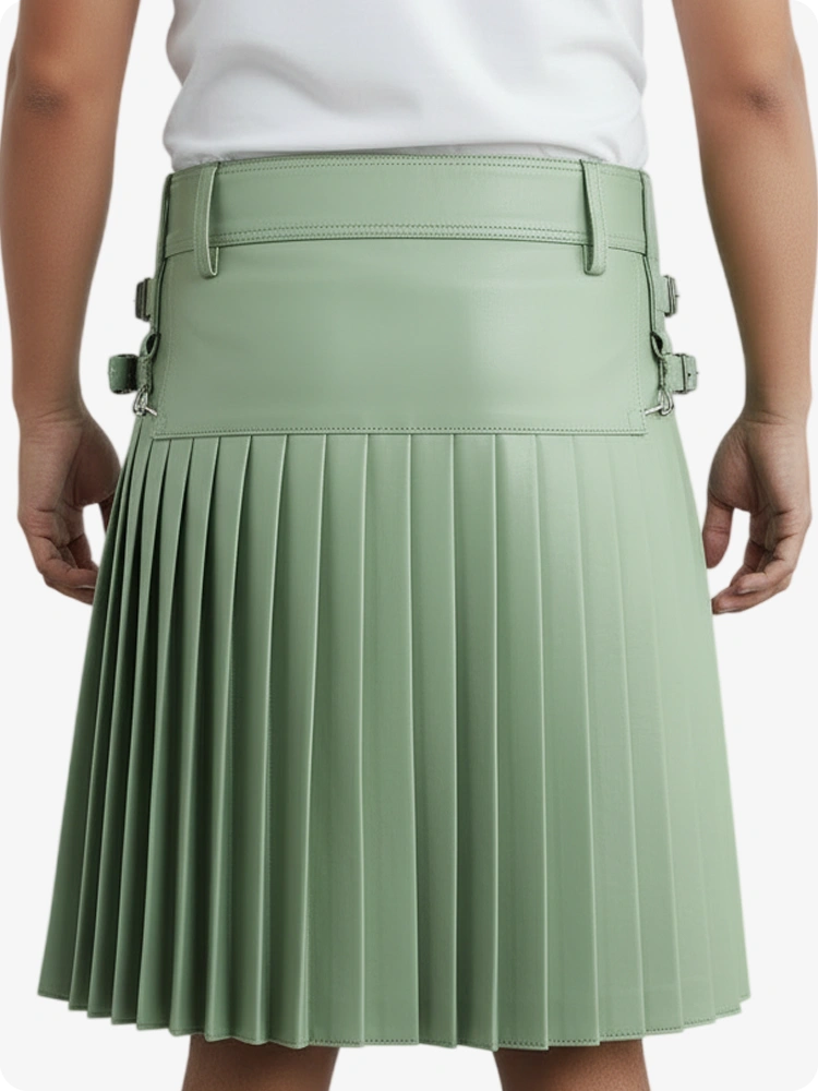Light Green Leather Pleated Kilt with Belt Loops & Side Straps