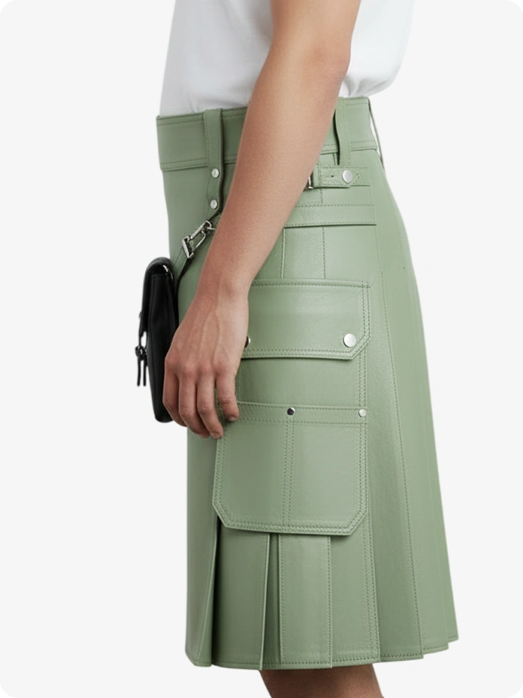 Light Green Leather Pleated Kilt with Belt Loops & Side Straps