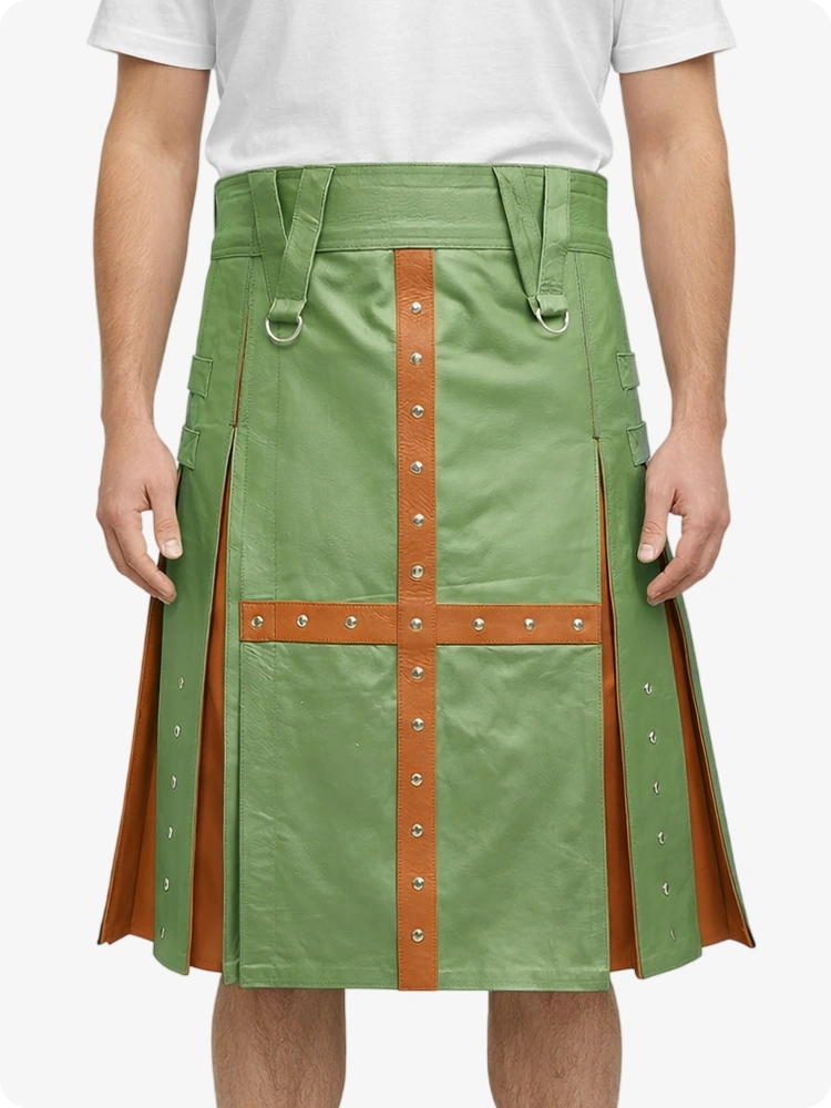 Light Green Leather Utility Kilt with Brown Cross Panel & Metal Rivet Detailing