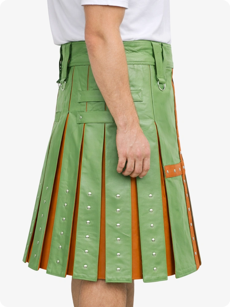 Light Green Leather Utility Kilt with Brown Cross Panel & Metal Rivet Detailing
