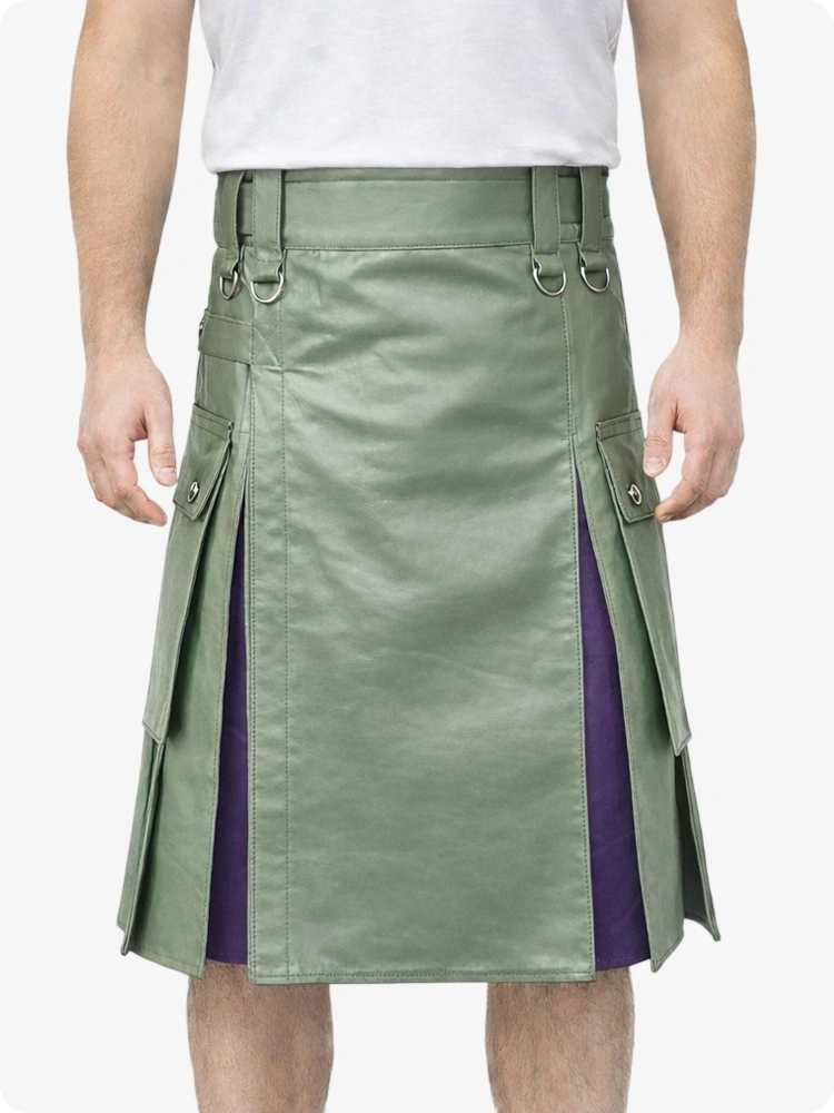 Light Green Leather Utility Kilt with Purple Pleats, Side Pockets & D-Ring Hardware