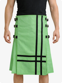 Light Green kilt with black straps worn by a person on a white background
