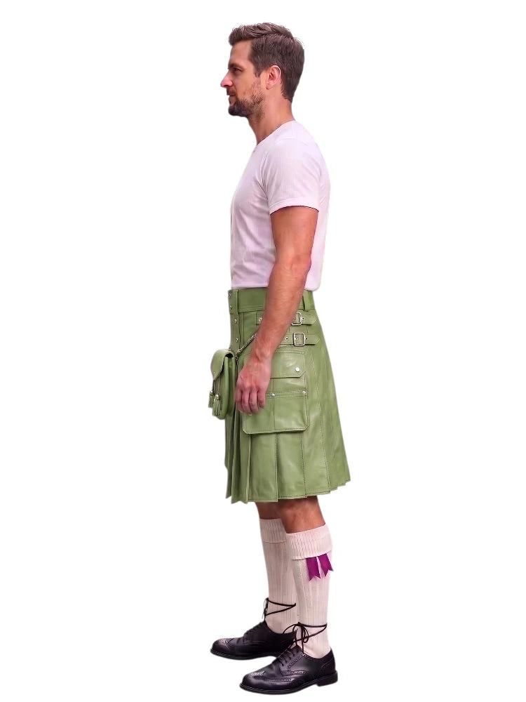 A man shown in profile wearing a light green leather kilt with multiple utility pockets, a matching green belt, a white t-shirt, white socks with a purple accent, and black leather shoes, set against a plain white background.