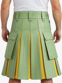 Green pleated skirt with yellow lining worn by a person on a white background
