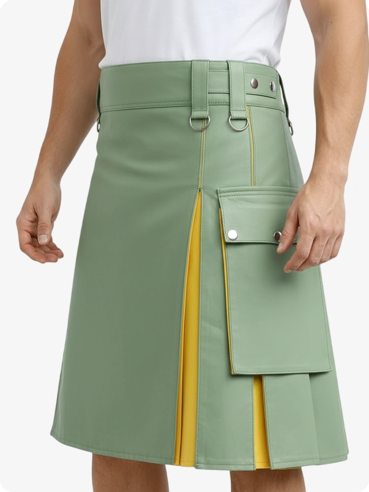 Green skirt with yellow accents worn by a person on a white background