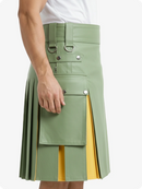 Green kilt with yellow accents worn by a person on a white background
