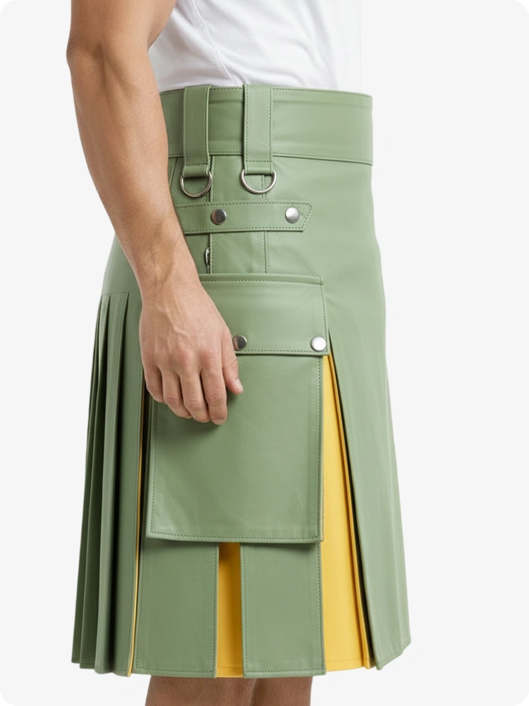 Green kilt with yellow accents worn by a person on a white background