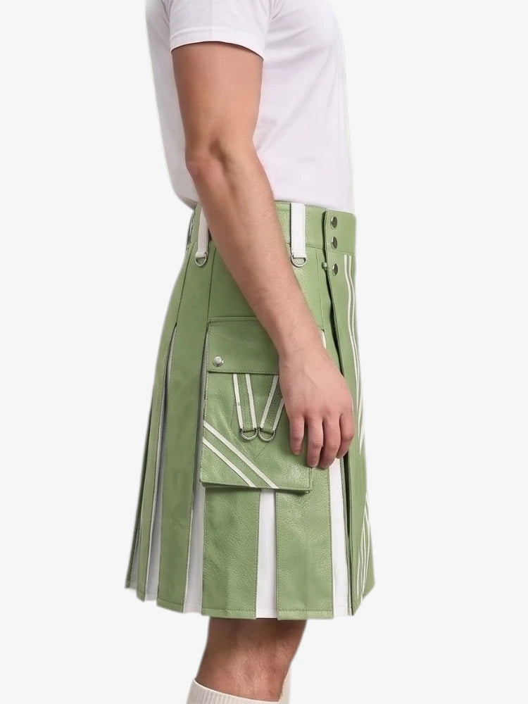 A side view of a person wearing a light green pleated kilt with white diagonal stripe details and a large front cargo pocket, paired with a white t-shirt against a plain white background.