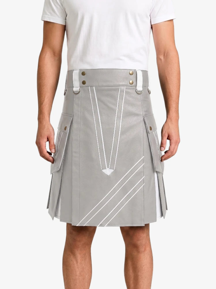 Light Grey And White Leather Hybrid Utility Kilt