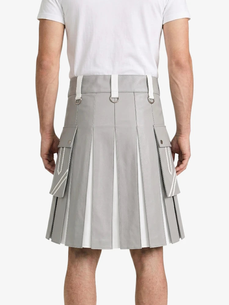 Light Grey And White Leather Hybrid Utility Kilt Back