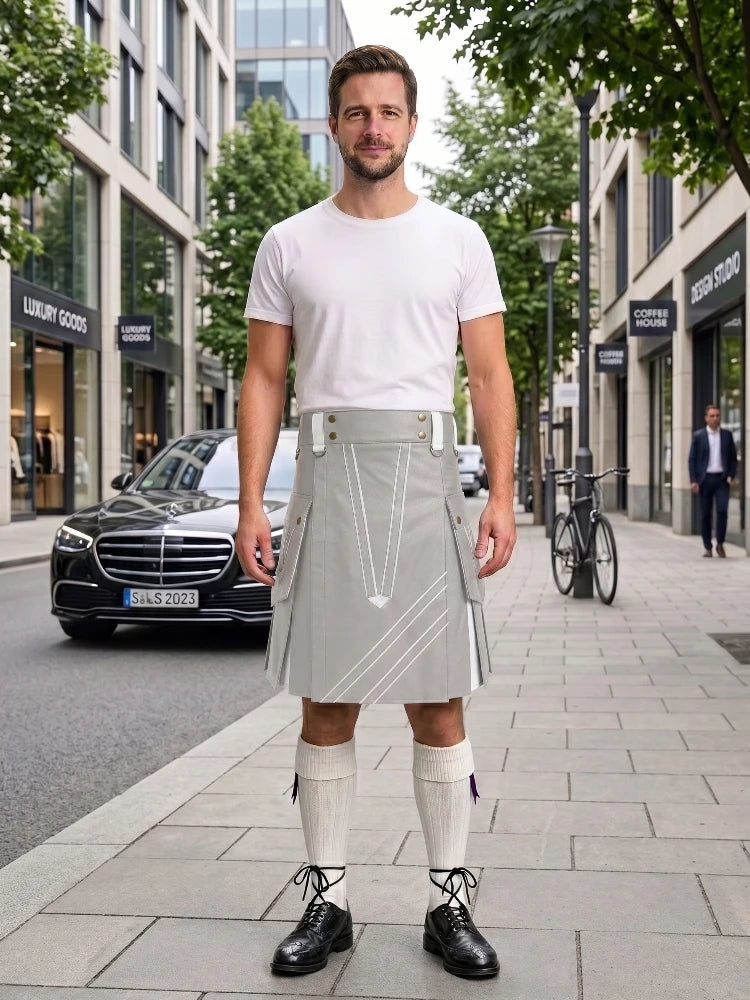 Light Grey And White Leather Hybrid Utility Kilt