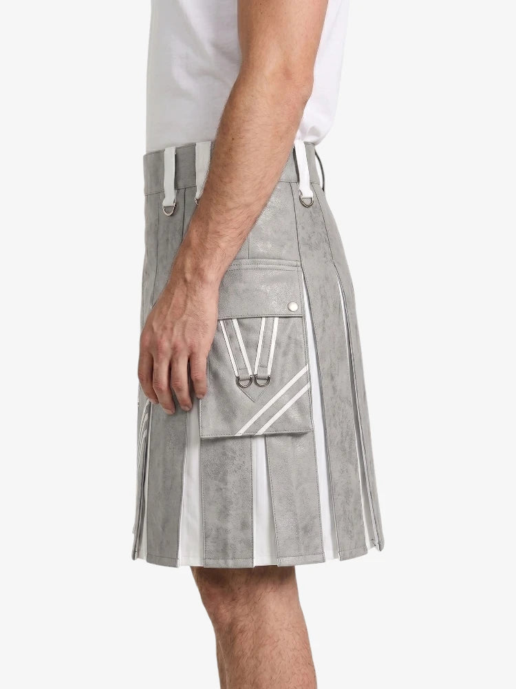 Light Grey And White Leather Hybrid Utility Kilt Left