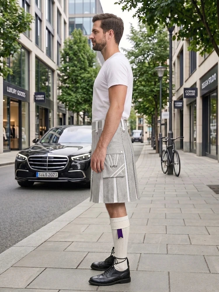 Light Grey And White Leather Hybrid Utility Kilt Left