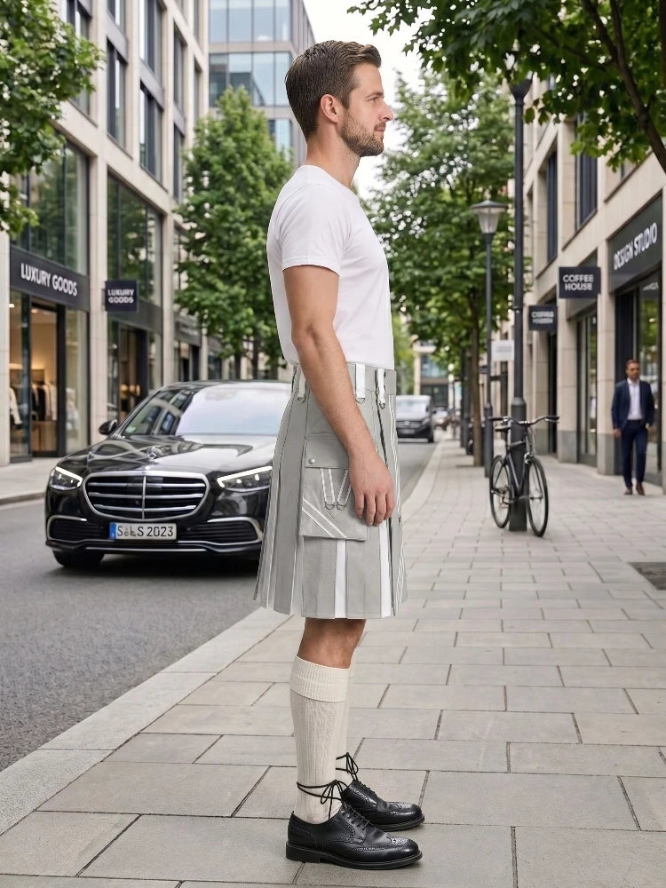 Light Grey And White Leather Hybrid Utility Kilt Front
