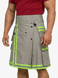 Gray kilt with green accents worn by a person in a red shirt on a white background