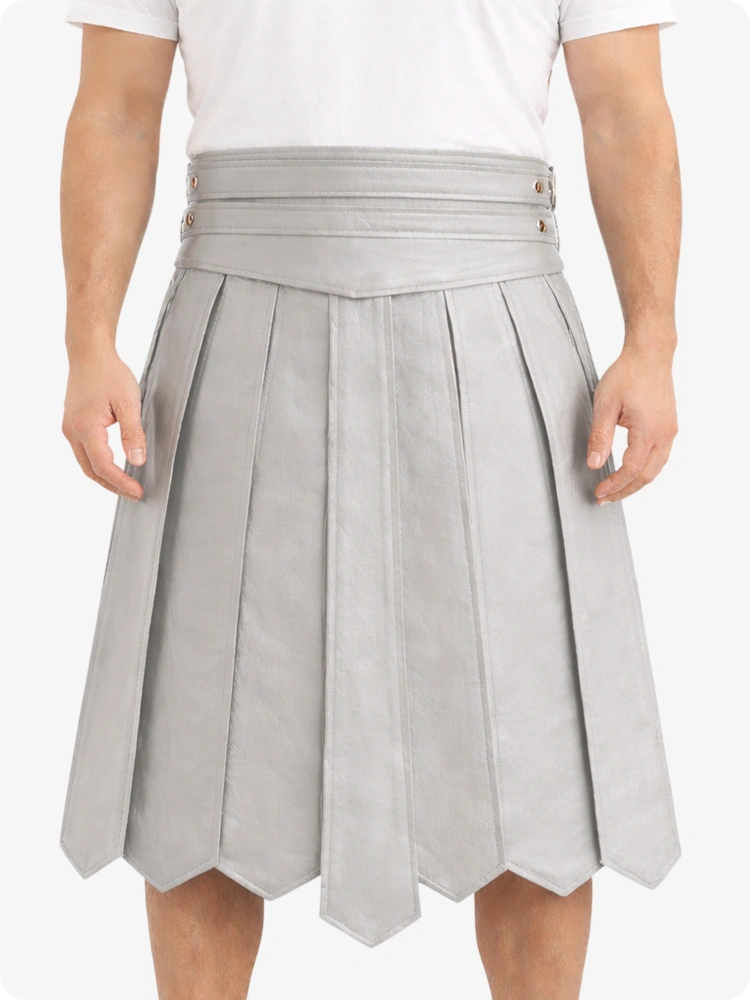 Light Grey Leather Highland Kilt Adjustable Buckle Waist & Classic Pleats