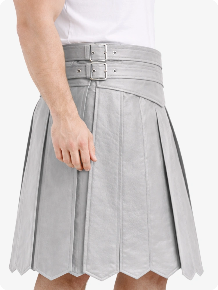 Light Grey Leather Highland Kilt Adjustable Buckle Waist & Classic Pleats