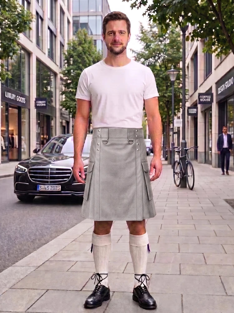 Light Grey Leather Kilt For Men Tactical Utility Kilts