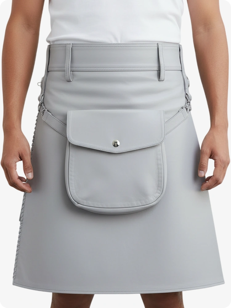 Light Grey Leather Pleated Kilt with Belt Loops & Side Straps