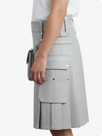 Gray pleated skirt with multiple pockets on a white background