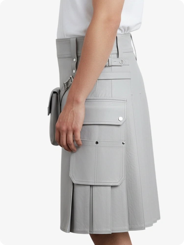 Gray pleated skirt with multiple pockets on a white background