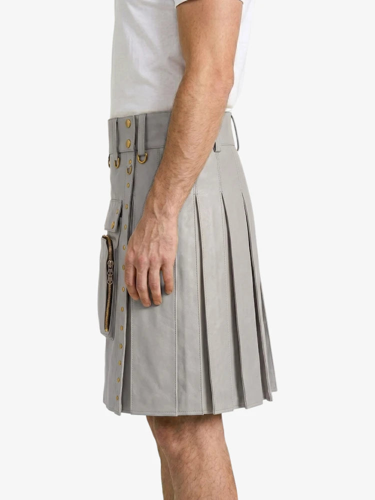Light Grey Leather Utility Kilt Left