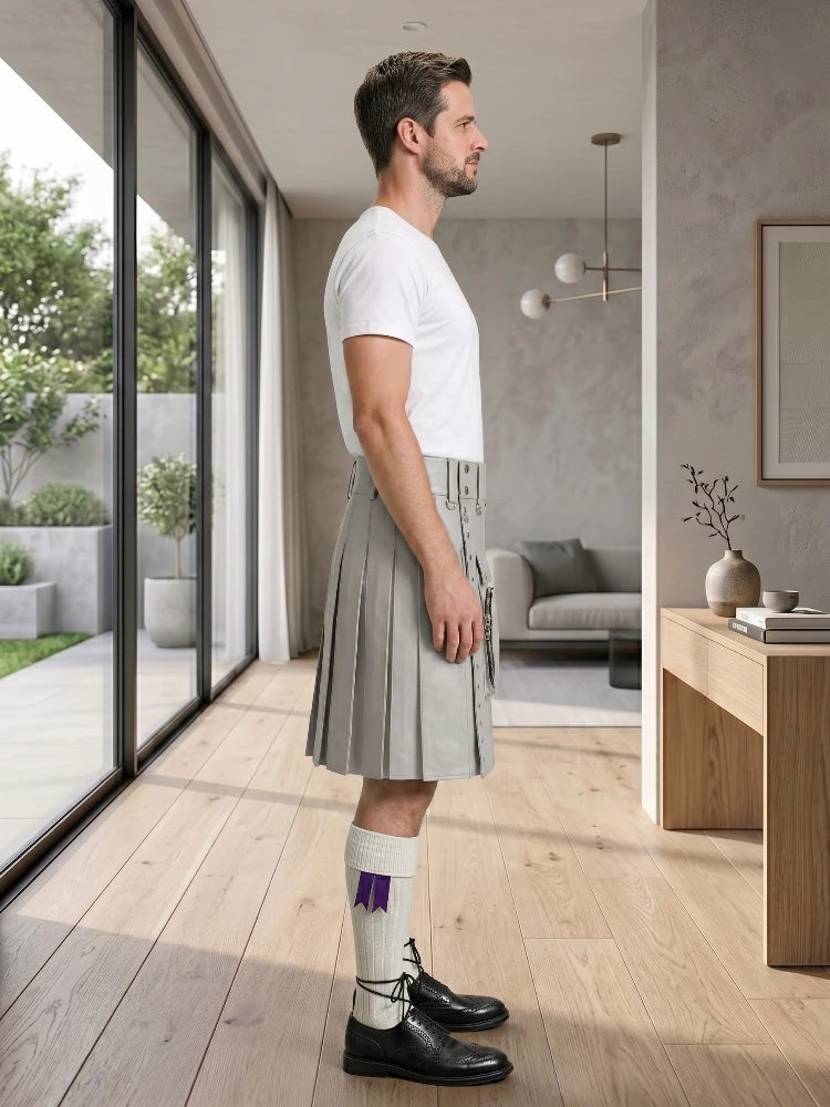 Light Grey Leather Utility Kilt Right Side