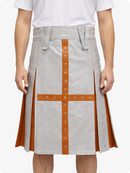 Light Gray kilt with orange accents worn by a person on a white background