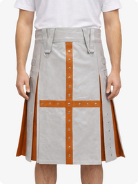 Light Gray kilt with orange accents worn by a person on a white background