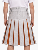 Person wearing a Light gray pleated skirt with brown stripes on a white background