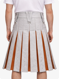 Person wearing a Light gray pleated skirt with brown stripes on a white background